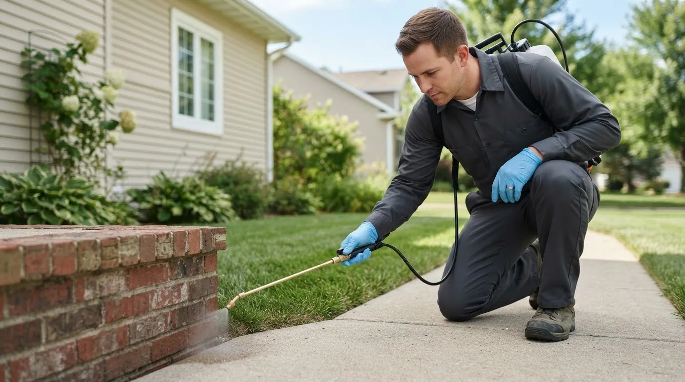 Pest control technician treating a home near Hayfield, MN
